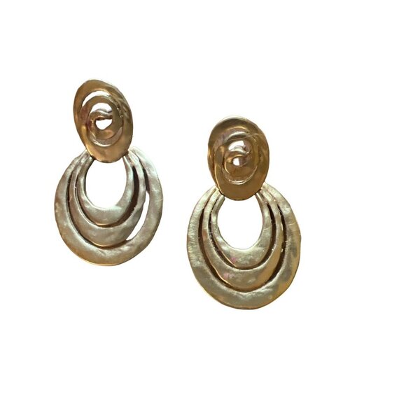 Vintage Hammered Gold Tone Dangle Pierced Earrings - Picture 3 of 6